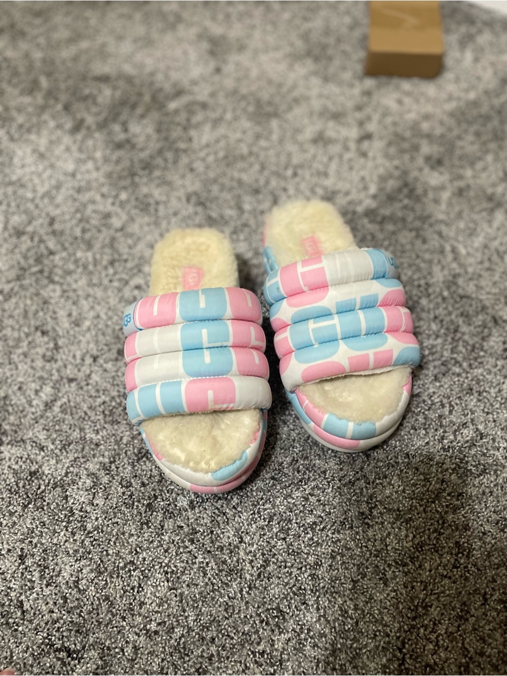 UGG Kids Puffy Slide Slippers in Pink, Blue & White